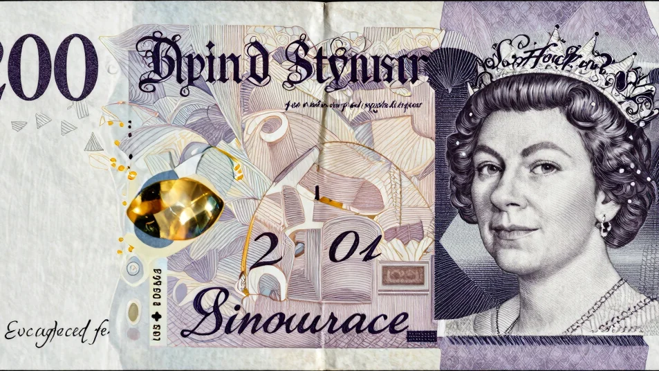 Straight-on studio photograph of a British Pound banknote reverse, even lighting, black background, gold accents