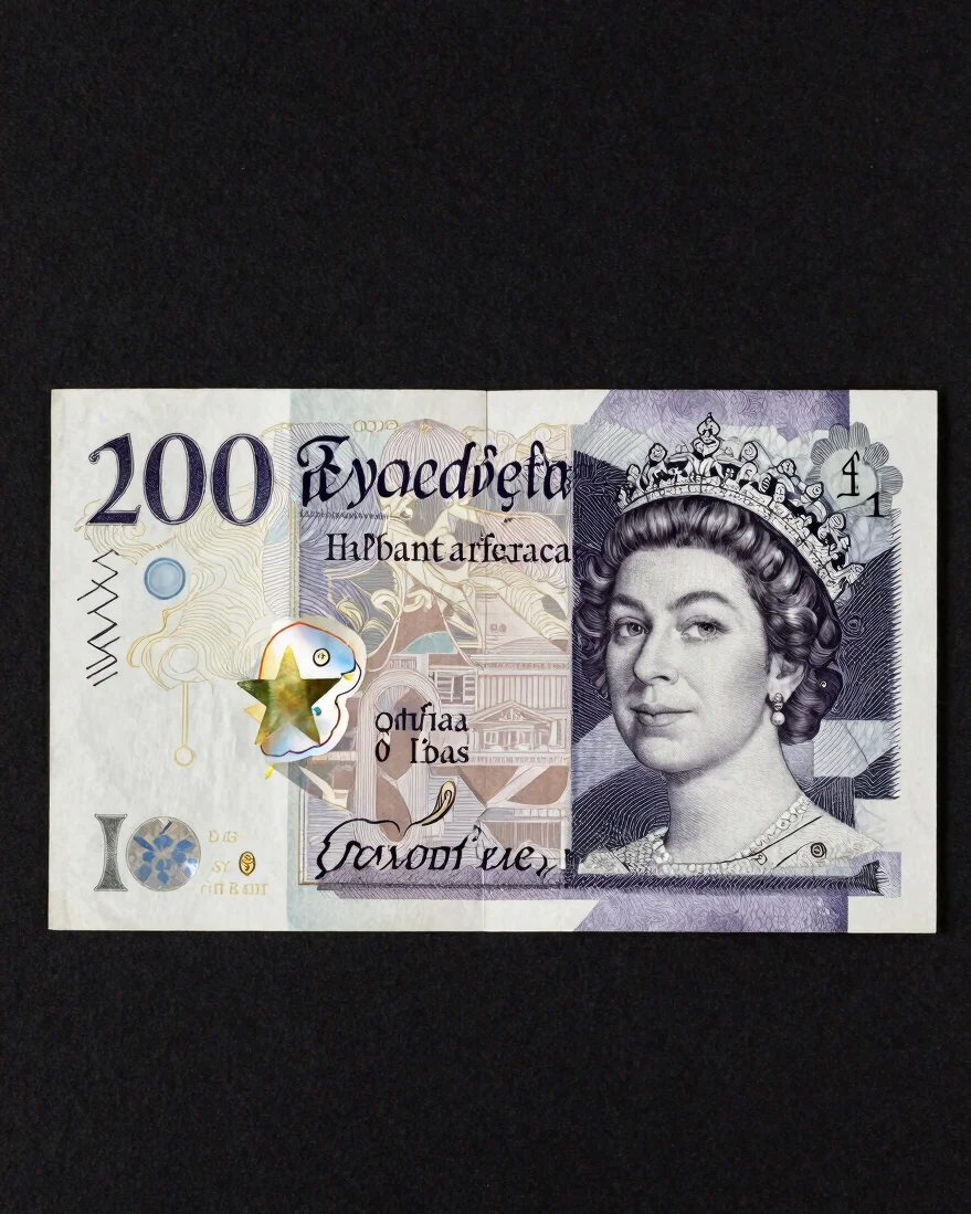 Editorial straight-on studio photograph of a British pound banknote on a black surface, even controlled lighting, crisp