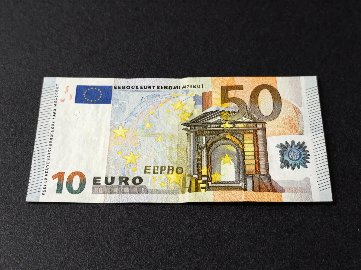 Large straight-on studio photograph of a single euro banknote on