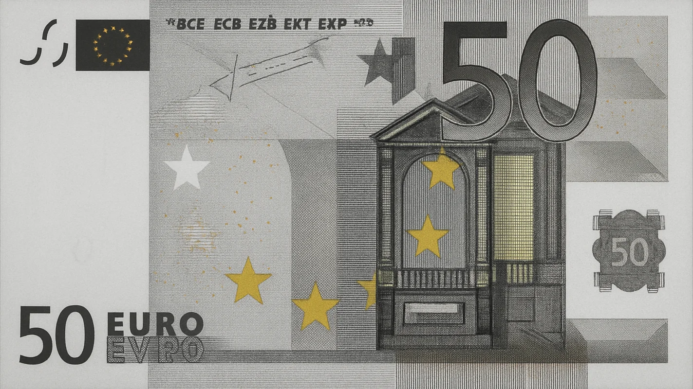 Straight-on studio photograph of a euro banknote showing its fron