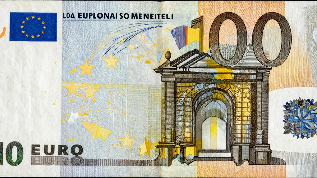 Close studio detail of the printed security features of a euro ba