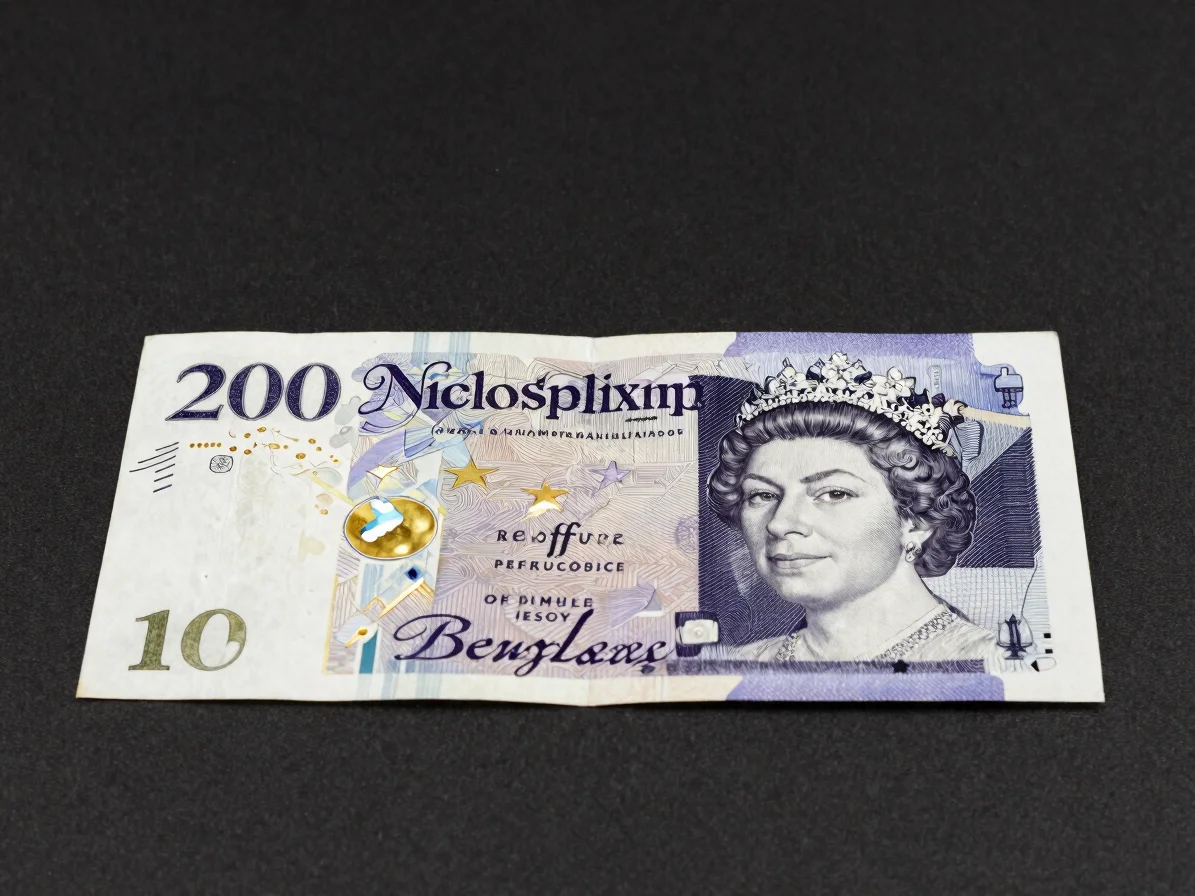 Large straight-on studio photograph of a British Pound banknote on a black surface, even soft lighting, crisp detail, go