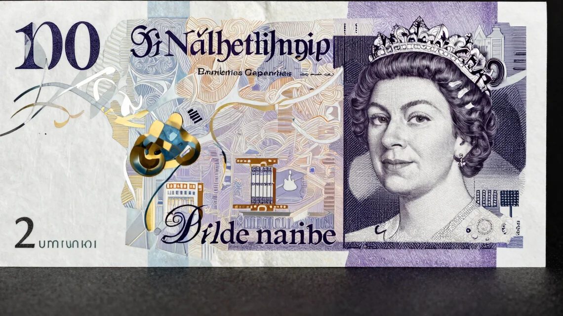 Straight-on studio photograph of a British Pound banknote front, even lighting, black background, crisp print detail