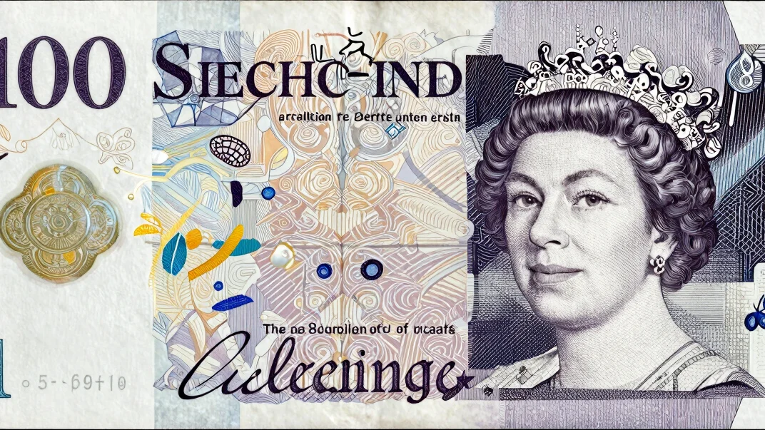 Close studio detail of a British Pound banknote security feature, even lighting, black background, no glare